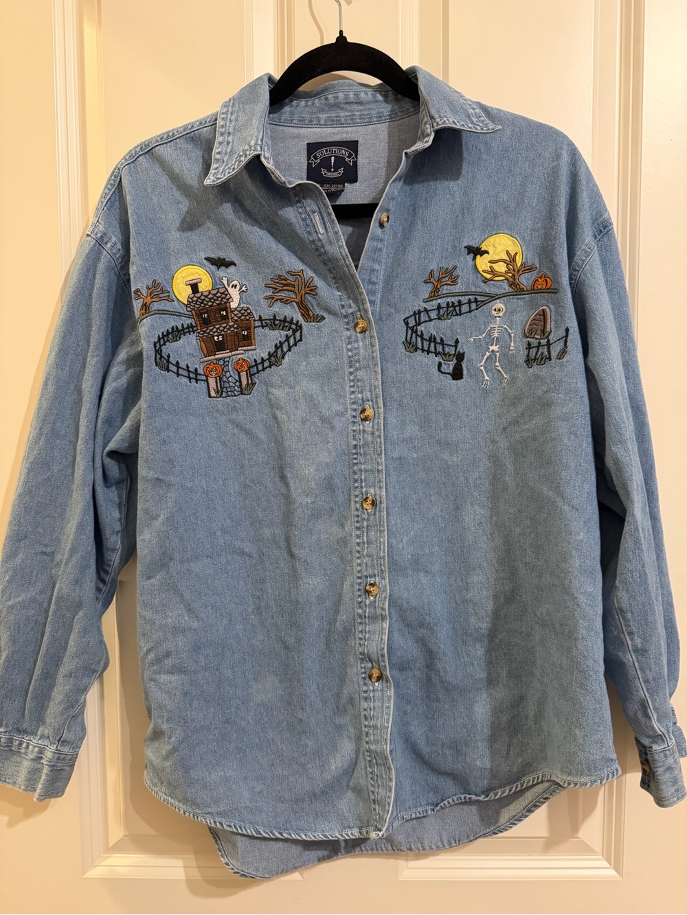 Halloween denim embroidered button down spooky fall shirt.